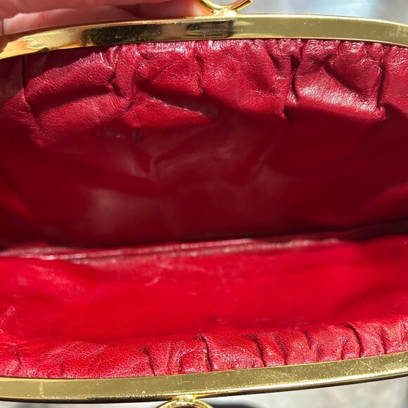 Vtg Gold Brocade Evening Clutch Kiss Lock Purse Red Lining Classic Formal Bag - Picture 5 of 6